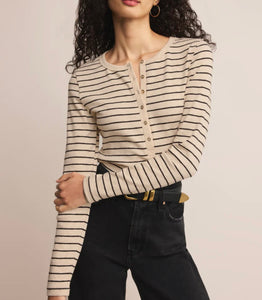 Z Supply Oatmeal Heather Eve Stripe LS Henley Top