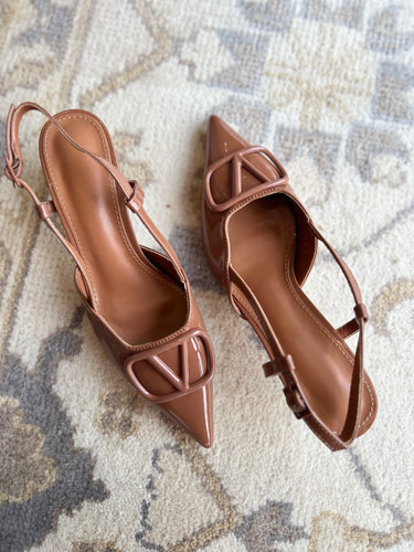 Camel Patent Slingback Kitten Heel