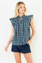 Load image into Gallery viewer, Navy Floral Button Down Flutter Slv Top (THML)