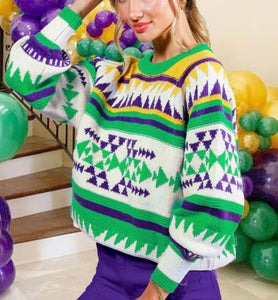 Multi Color Mardi Gras Printed Sweater