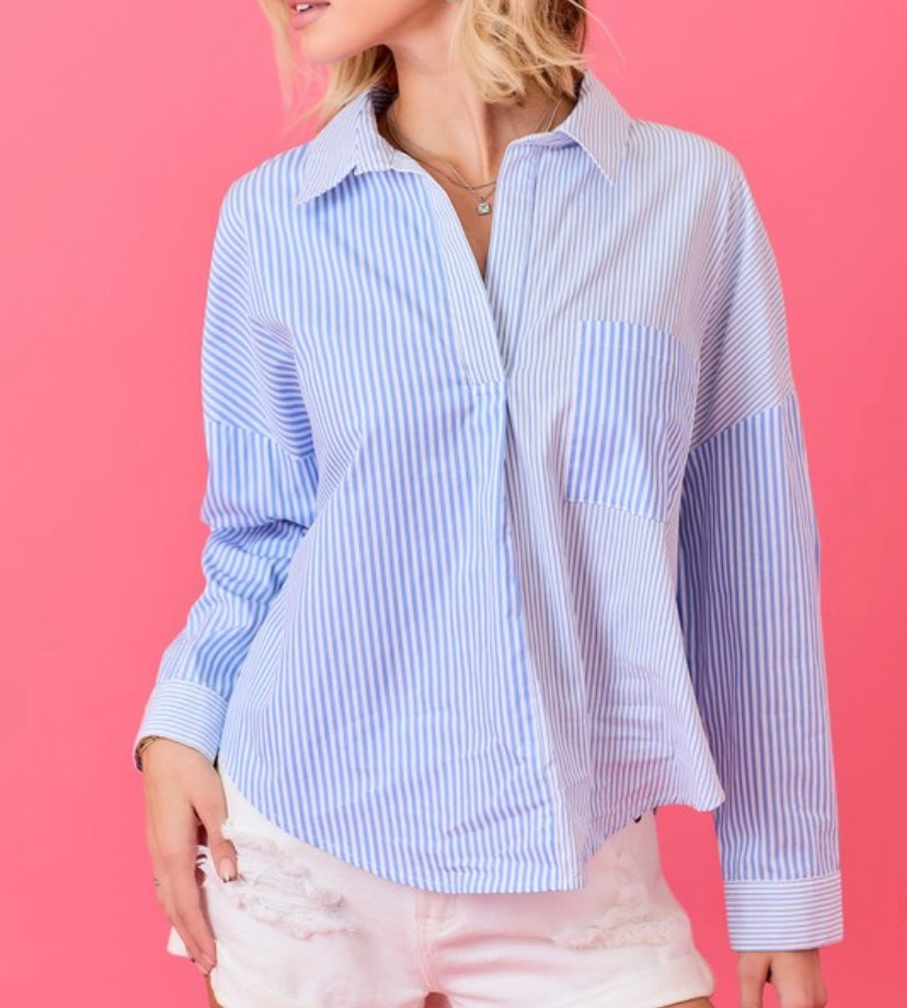 Blue White Multi Stripe V-Neck LS Shirt