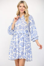 Load image into Gallery viewer, White/Blue Floral Puff Slv Mini Dress