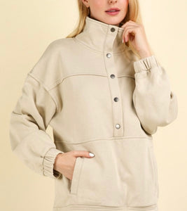 Beige Mineral Wash Button Down Pullover