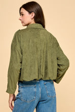 Load image into Gallery viewer, Olive Suede Zip Up Bomber Jacket
