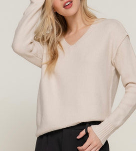 Taupe V-Neck Raised Seam Detail Sweater