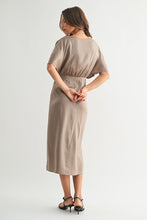 Load image into Gallery viewer, Mocha Satin Wrap Detail Midi Dress