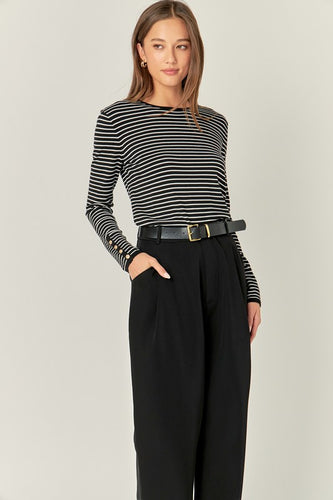 Black/White Striped Knit Sweater w/ Gold Buttons