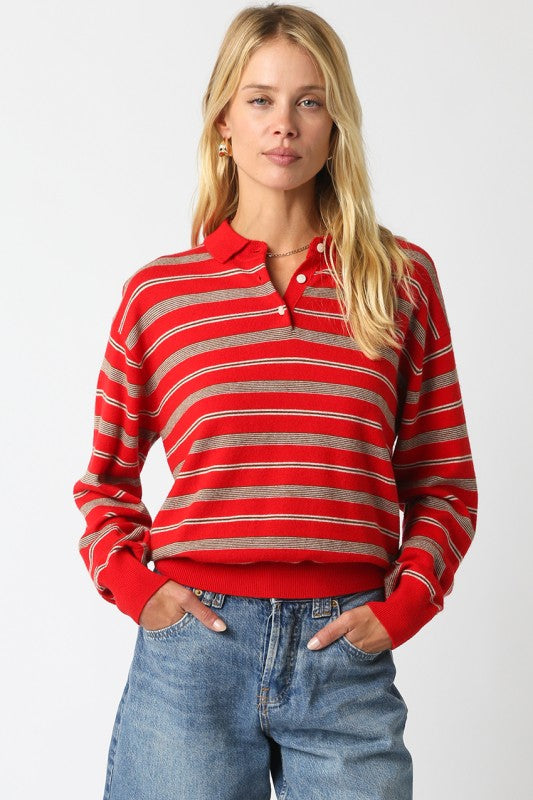 Striped Combo Button LS Knit Sweater Red