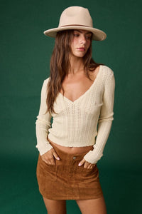 Cream Stretchy V-Neck LS Scallop Top