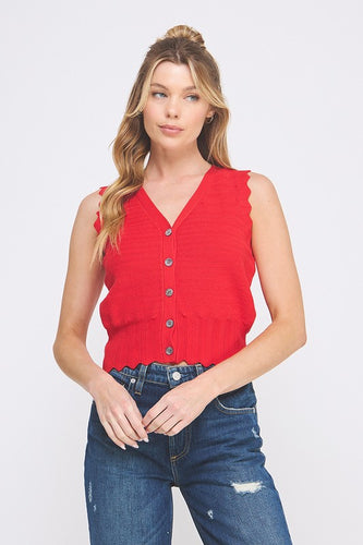 Red Pointelle Scallop Detail Button Up Vest