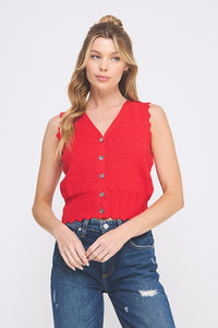 Red Pointelle Scallop Detail Button Up Vest