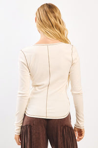 Cream/Taupe Stitched LS Knit Top
