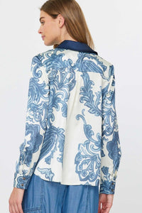 Navy/Cream Printed LS Button Down Blouse