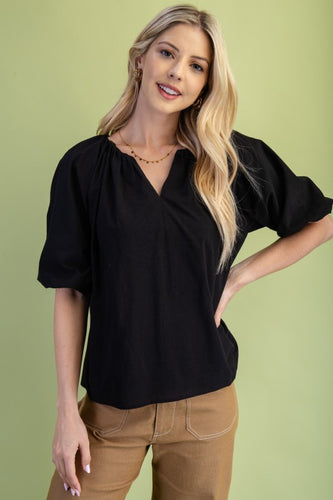 Black Gathered V-Neck Puff Slv Top