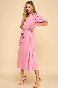 Pink V-Neck Tie Frnt Side Slit Midi Dress