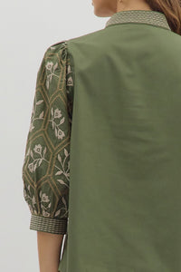 Olive Embroidered Slv V-Neck Top