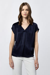 Kristen SS V-Neck Satin Top Navy