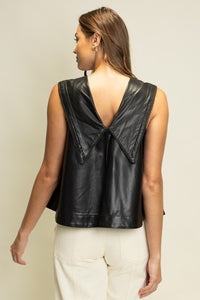 Black Leather Pintuck Lace Collar Top