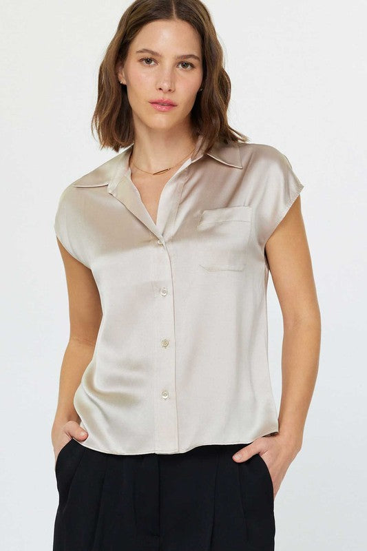 Champagne 100% Silk Cap Slv Button Down Blouse
