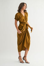 Load image into Gallery viewer, Golden Brown Satin Dolman Slv Tie Frnt Dress