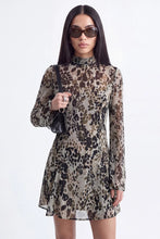 Load image into Gallery viewer, Olive/Black Printed Mock Neck Bell Slv Dress