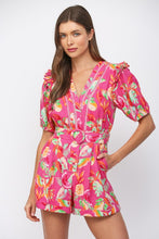 Load image into Gallery viewer, Fuchsia Multi Floral Lace Belted Romper