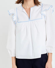 Load image into Gallery viewer, White/Powder Blue Contrast Embroidery Top