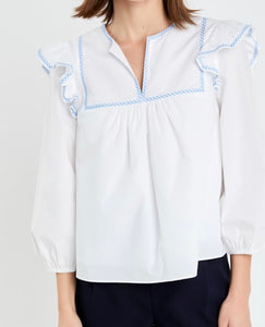 White/Powder Blue Contrast Embroidery Top