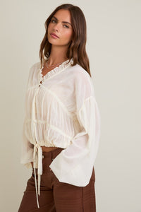 Cream LS Ruffle Detail Blouse