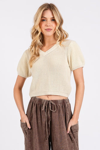 Cream Puff Slv V-Neck Knit Top