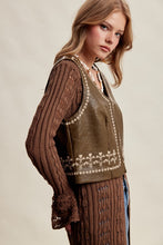 Load image into Gallery viewer, Olive/Brown Embroidered Leather Vest