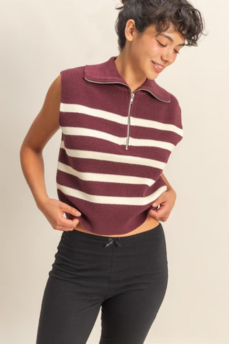 Maroon/White Striped Slvls Zipper Top