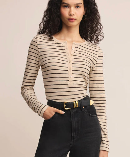 Z Supply Oatmeal Heather Eve Stripe LS Henley Top