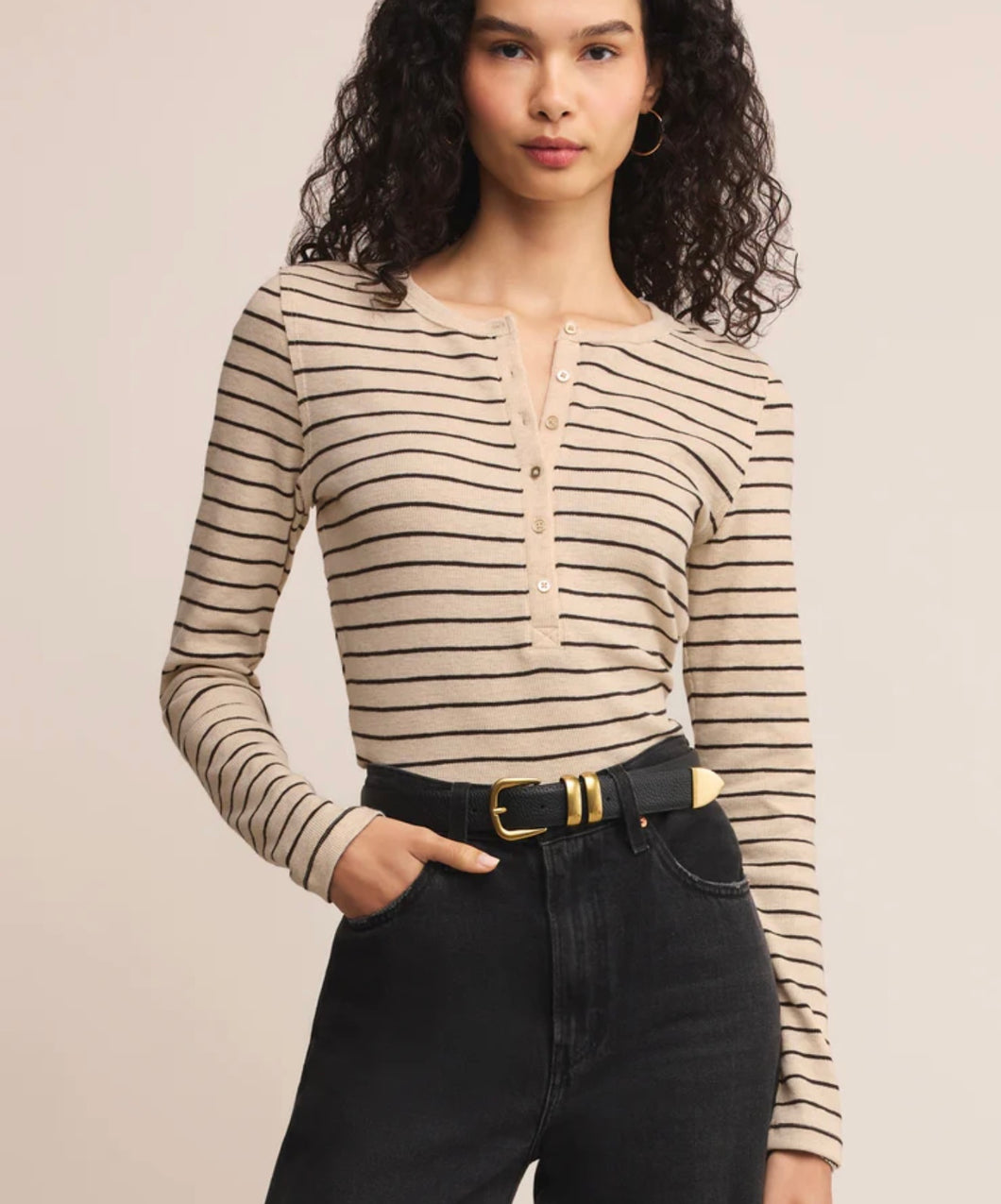 Z Supply Oatmeal Heather Eve Stripe LS Henley Top