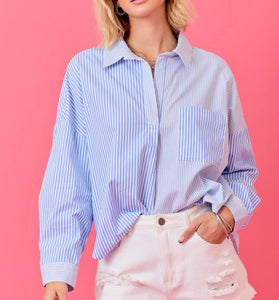 Blue White Multi Stripe V-Neck LS Shirt