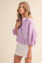 Load image into Gallery viewer, Lilac Embroidered Puff Slv Button Down Top