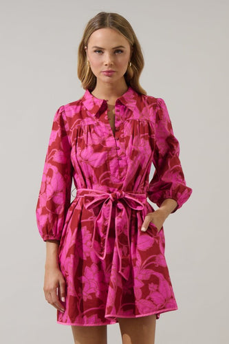Pink Print Collared Belted Mini Dress