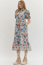 Load image into Gallery viewer, Blue Floral Puff Slv Midi Dress