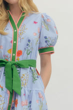 Load image into Gallery viewer, Blue Multi Floral Puff Slv Waist Belt Dress