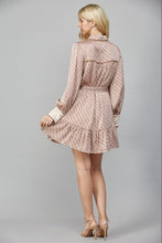 Load image into Gallery viewer, Beige Geo Print LS Satin Tie Waist Shirt Dress