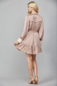 Beige Geo Print LS Satin Tie Waist Shirt Dress