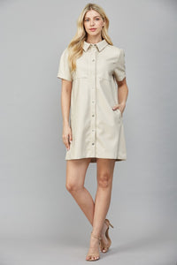 Ecru Front Pocket Button Down Leather Dress