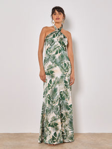 Cream Tropical Leafy Neck Textured Satin Dress