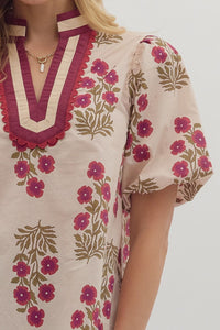 Ecru/Maroon Floral Puff Slv Top