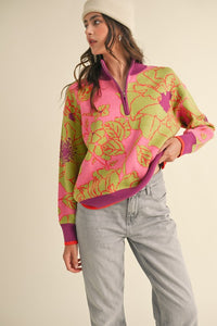 Floral Fuschia Half Zip Knit Pullover Sweater