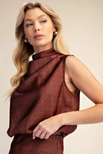 Load image into Gallery viewer, Mocha Mock Neck Satin Polka Dot Top