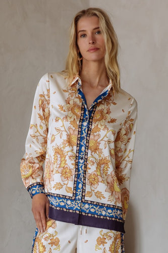 Ivory/Navy Printed LS Satin Button Down Blouse