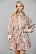 Load image into Gallery viewer, Beige Geo Print LS Satin Tie Waist Shirt Dress