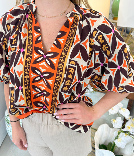 Brown/Orange Multi Print Puff Slv V-Neck Top (THML)