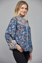 Load image into Gallery viewer, Teal Blue Multi Print Ruffled Neck Button Down Blouse